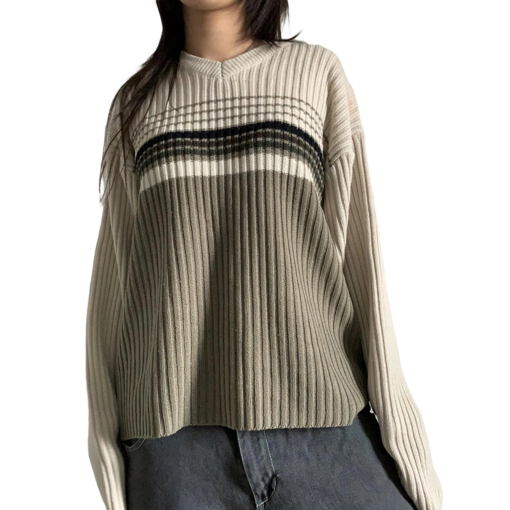 Women Fashion V-Neck Sweater Stripe Contrast Color Loose Knitted Tops