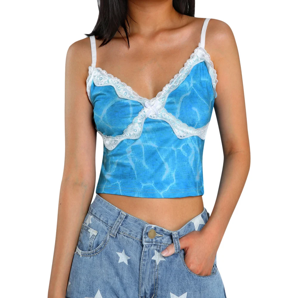 Women's Tie Dye Camisoles, Sleeveless  Lace Patchwork Crop Cami Tops