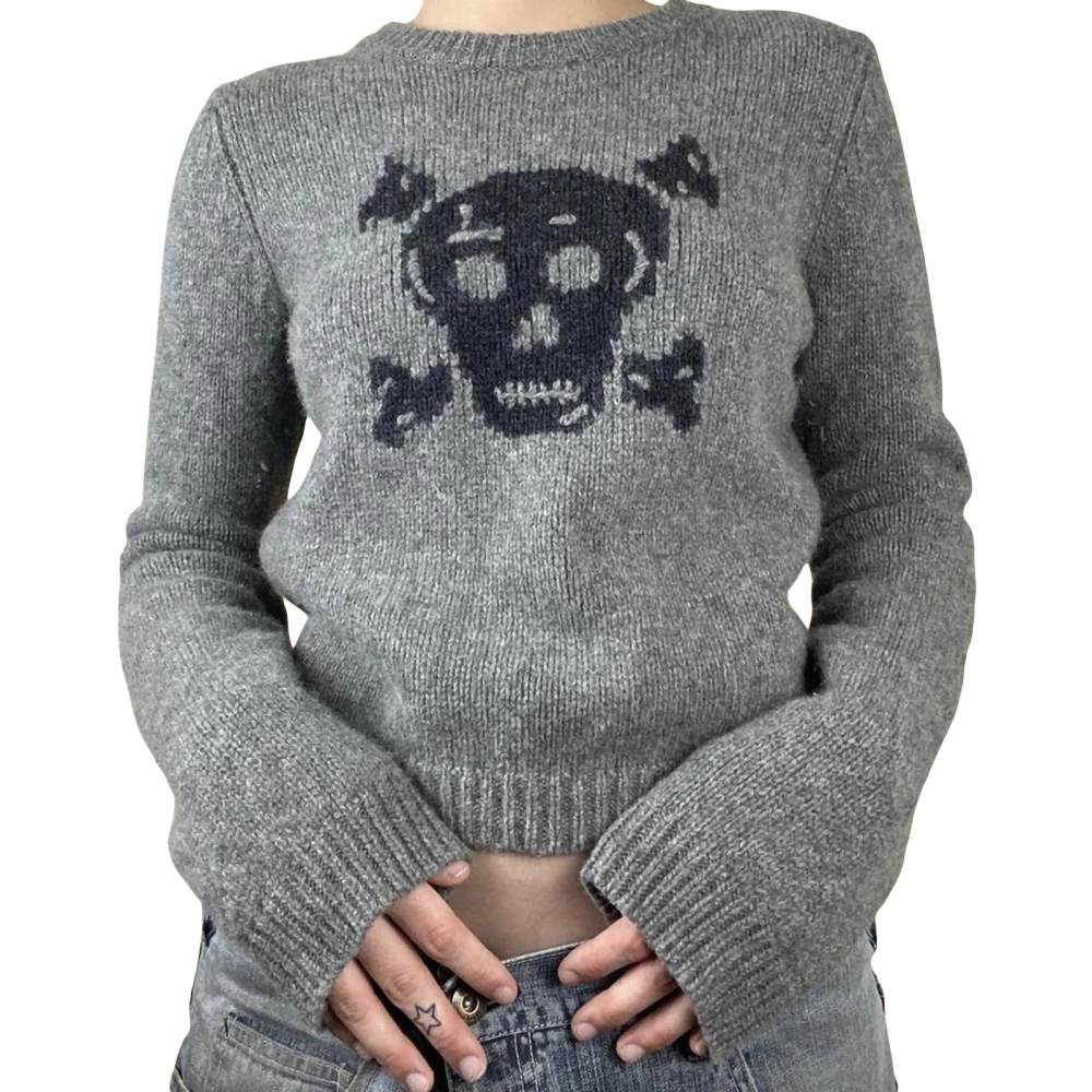 Women's Autumn Short Knitwear, Skull Print Long Sleeve Sweater