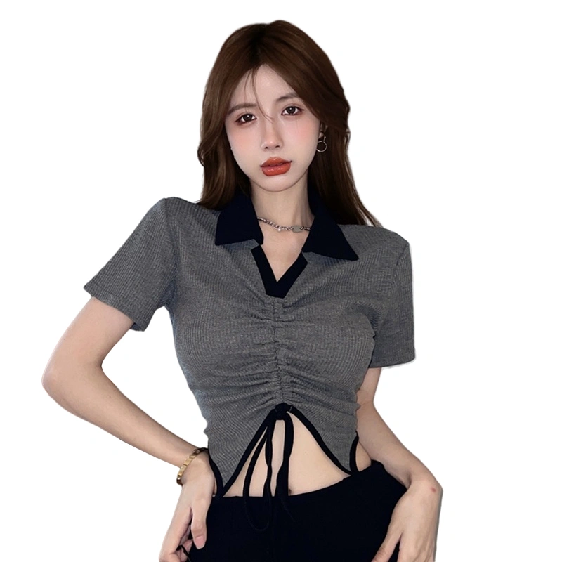 Women Drawstring Crop Tops Casual Contrast Color Short Sleeve T-shirts