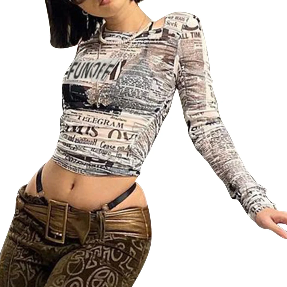 See-through Newspaper Print Long Sleeve Round Neck Mesh Crop Tops