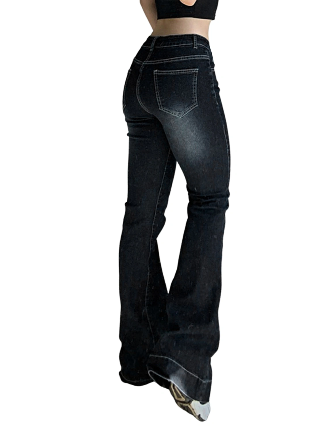 Women Flared Jeans, Solid Color Low-Waist Casual Bell-Bottomed Pants