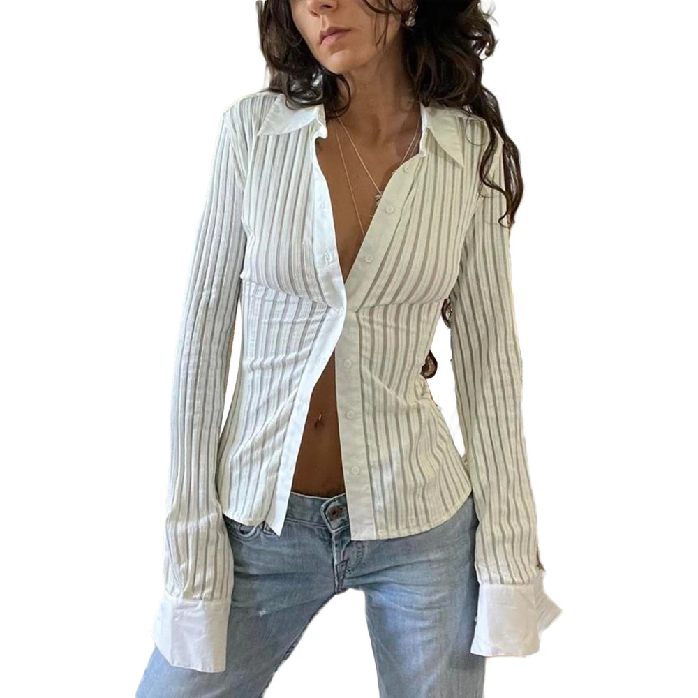 Women Wild Shirts Solid Color Turn-Down Collar Long Sleeve Blouses