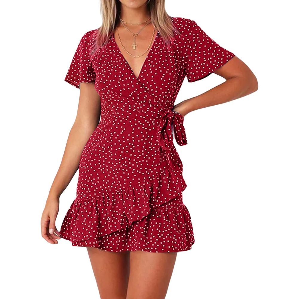 Parent-child Red Short Sleeve V Neck Dot Print Ruffle Hem Dress