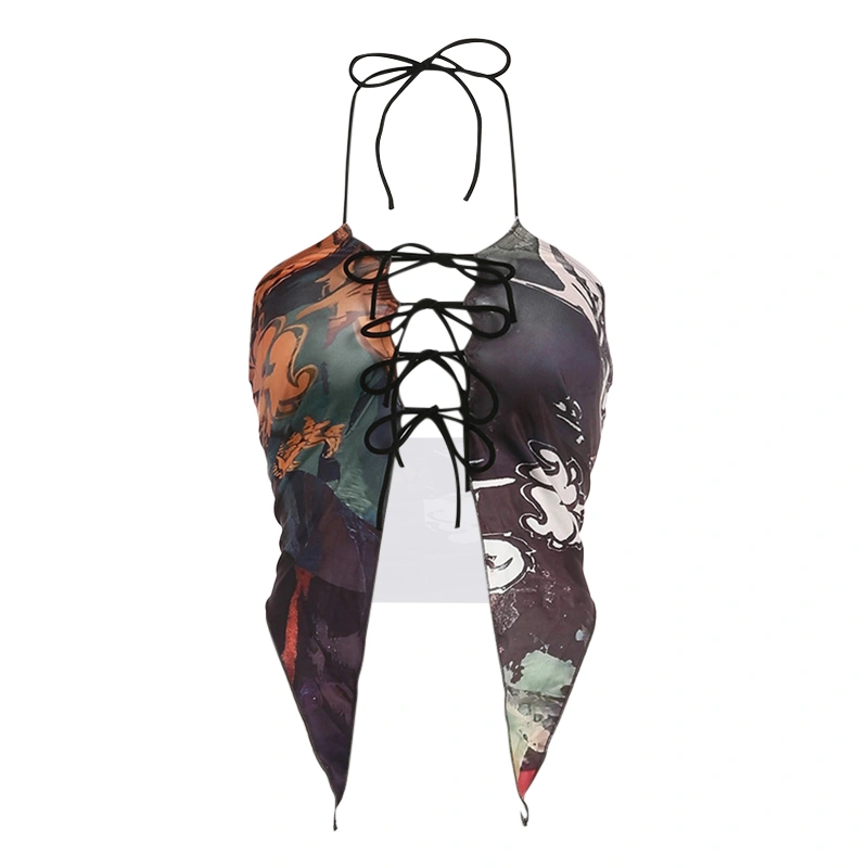 Women Vintage Print Tank Tops Tie-Up Halter Neck Sleeveless Vests