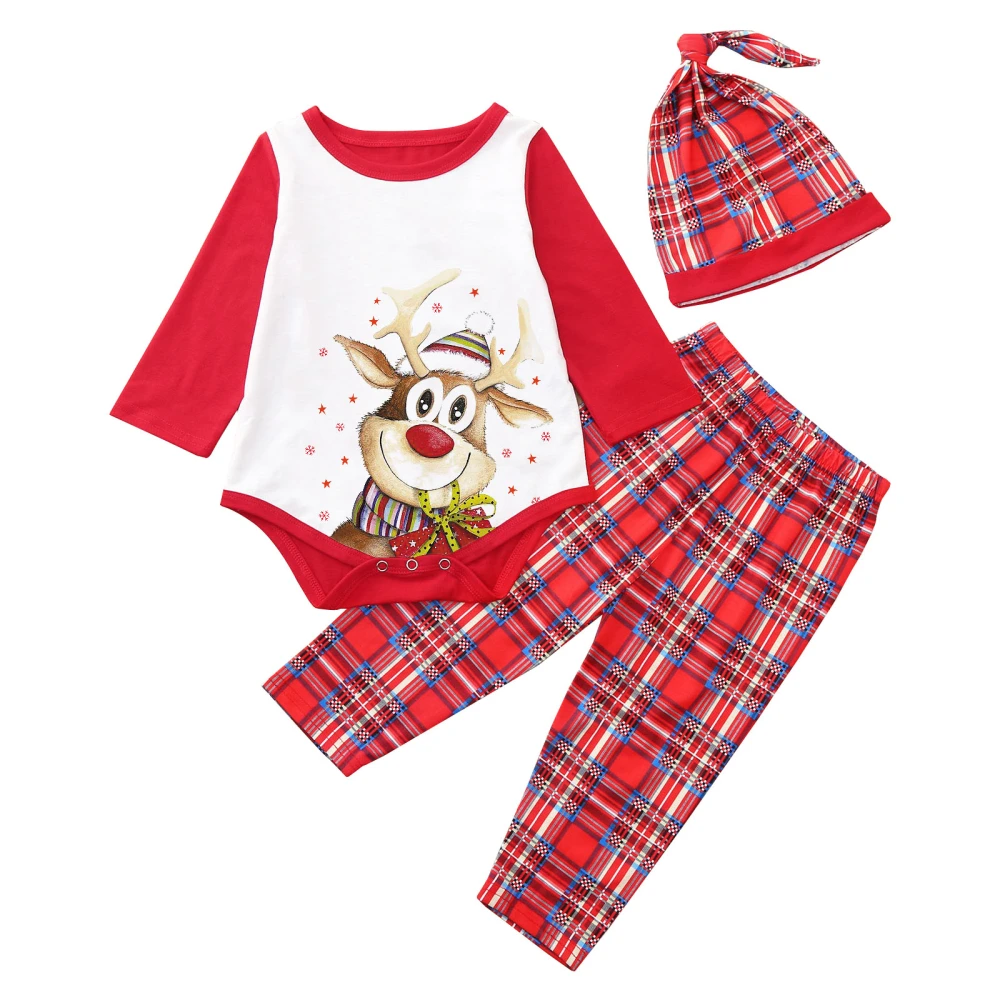 Cartoon Fawn Raglan Tops and Plaid Trousers Parent-child Pajamas