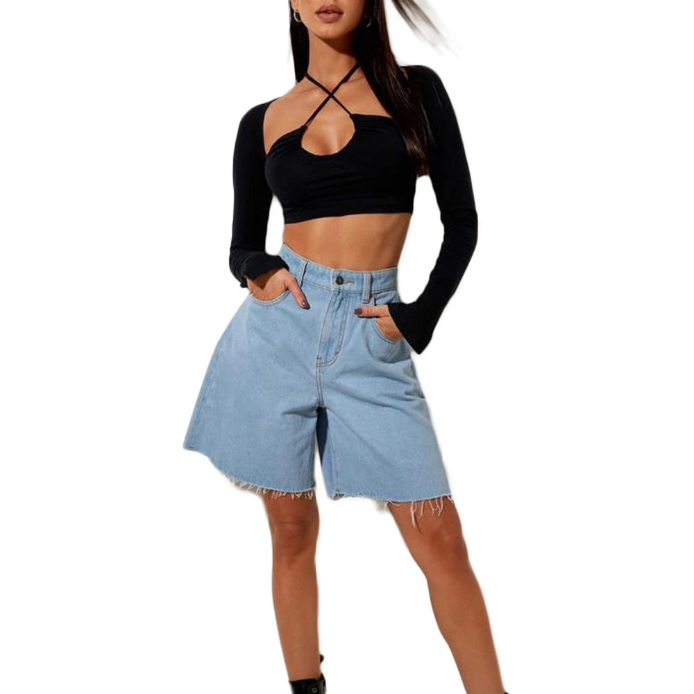 Women Halter Crop Tops, Long Sleeve Solid Color Cutout T-Shirts