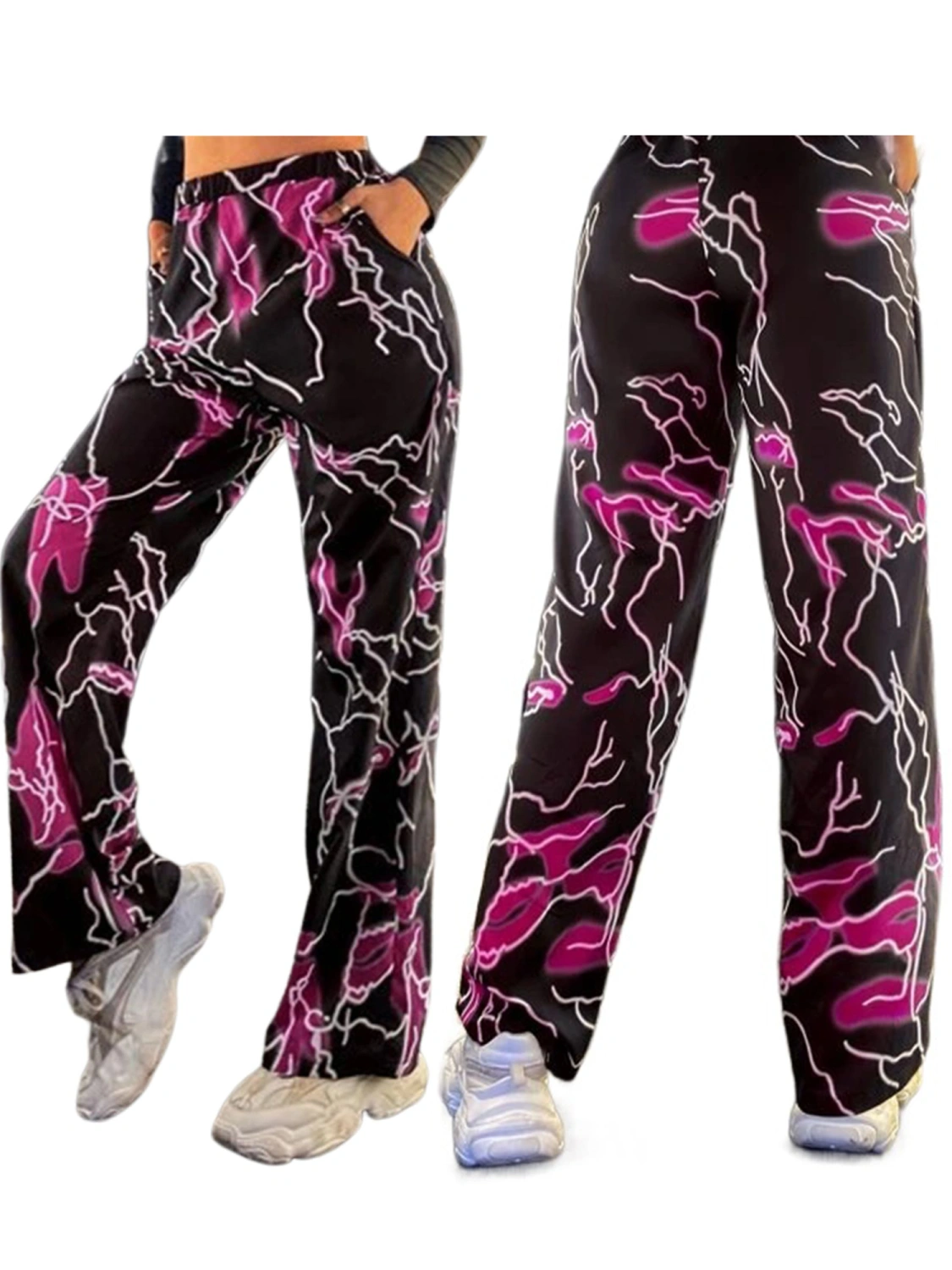 Women Wide-Leg Pants Fashion Print Elastic High Waist Loose Trousers Summer Casual Dance Sweatpants Straight Bottoms