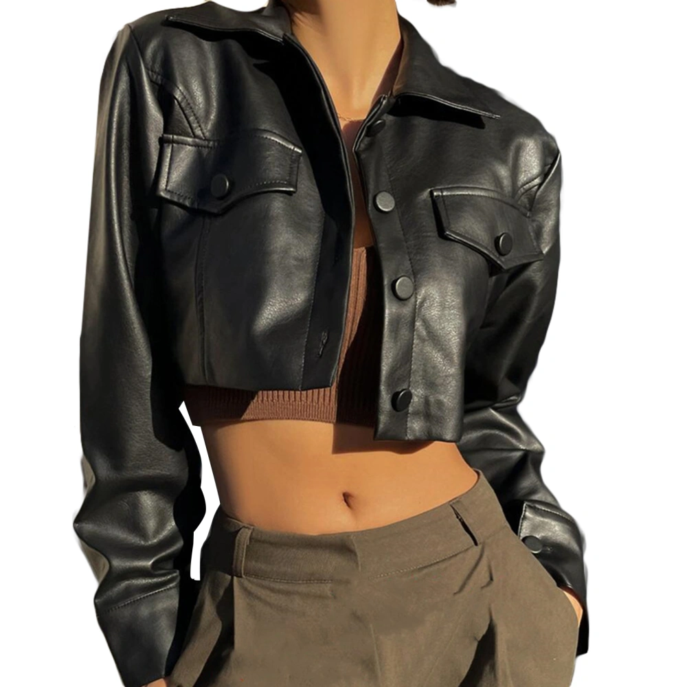 Women Crop Leather Jacket Casual Long Sleeve Button Down Jacket