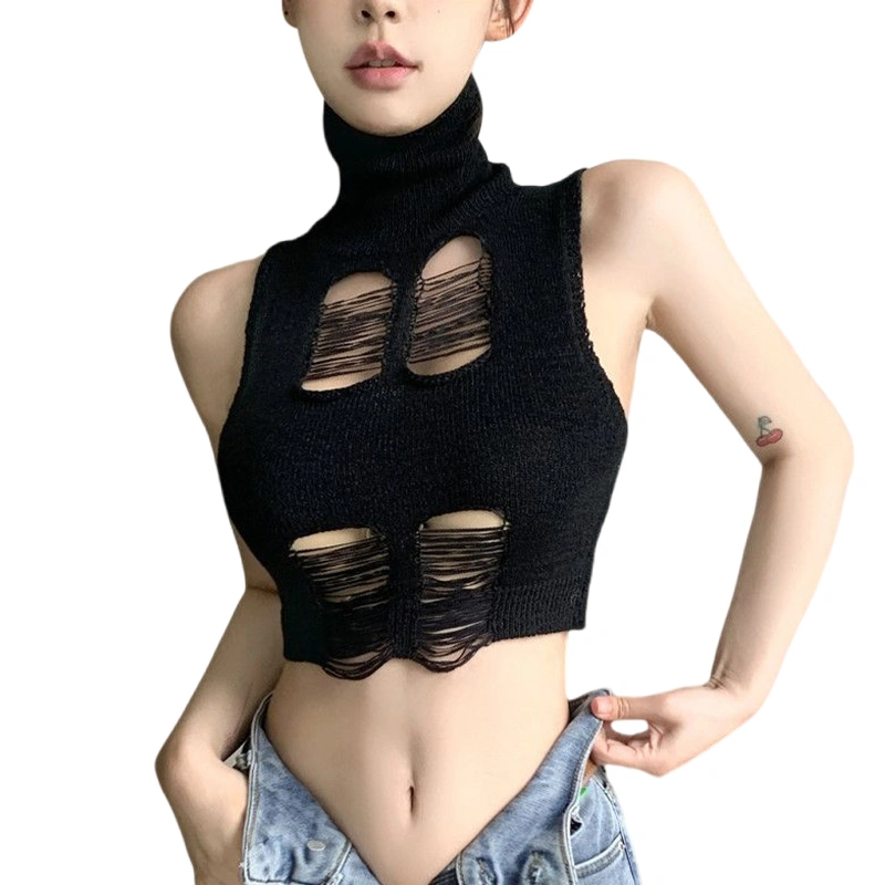 Women Knit Tank Top, Sleeveless Turtleneck Hollowed Vest Crop Top