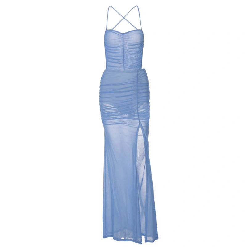 Women Long Dress, Spaghetti Straps Backless Lacing Pleated Slit Dress