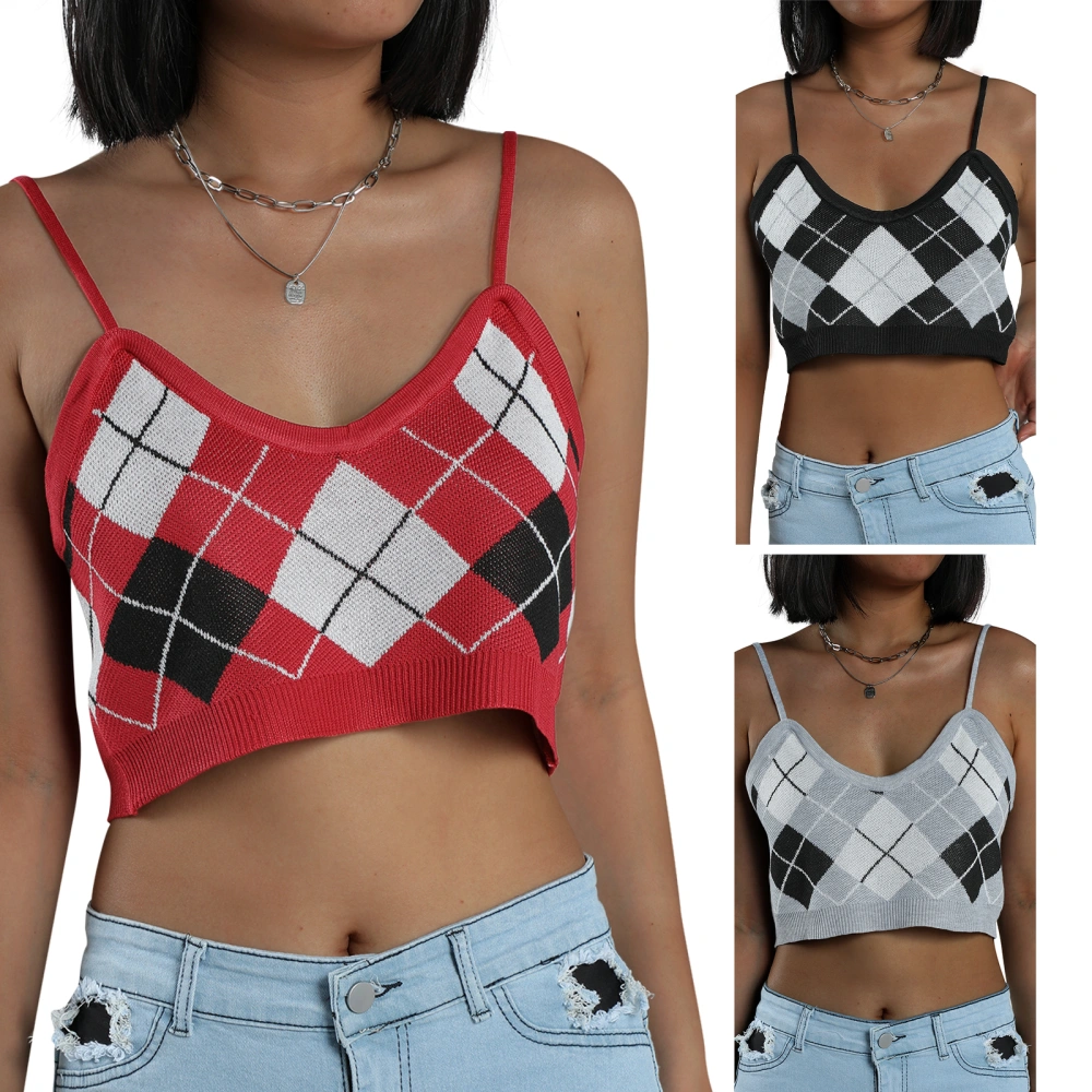 Women Argyle Printed Camisole, Spaghetti Strap Knitted Crop Cami Tops