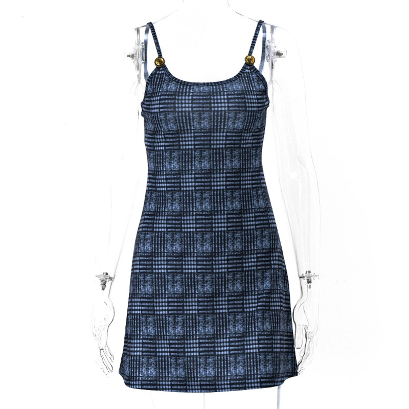 Women's Slip Dress, Plaid Backless Slim-Fit Metal Decor Sling Dress