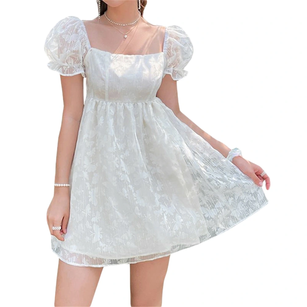 Women's Solid Butterfly Jacquard Pattern Puff Short Sleeve Short Dress