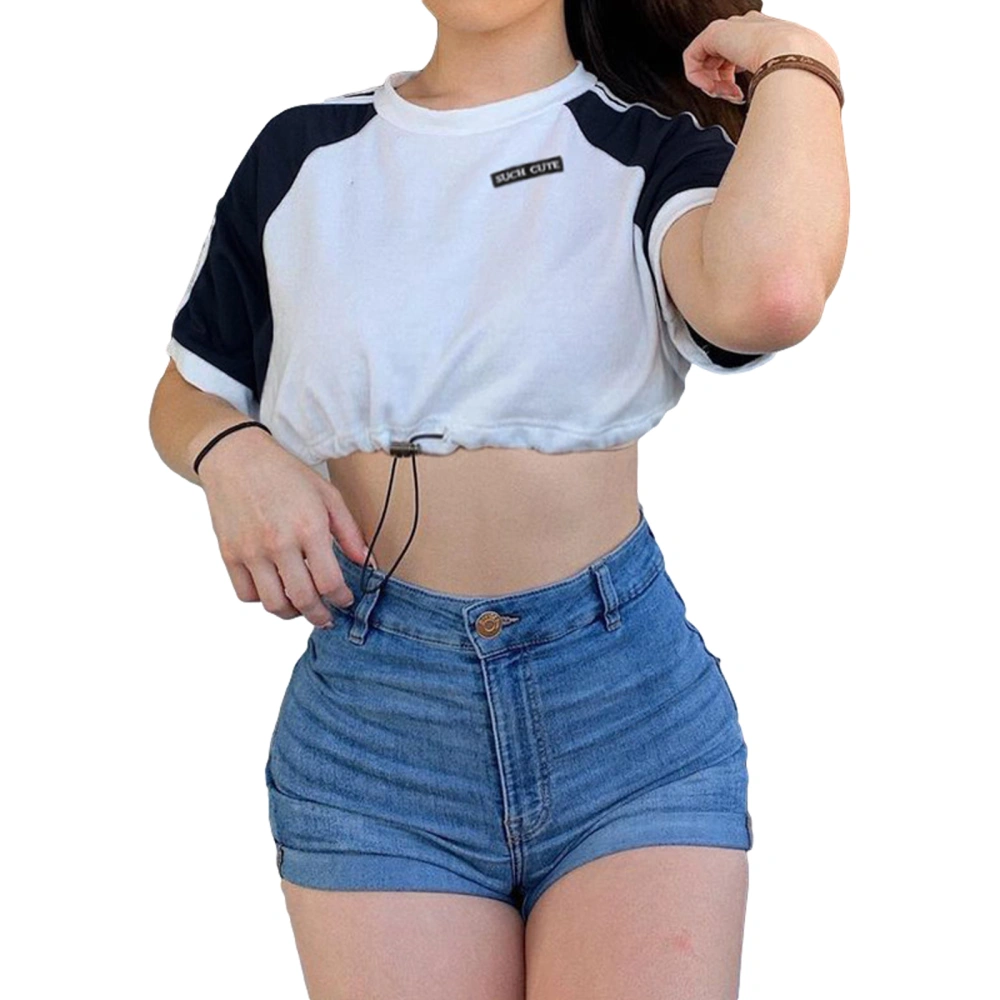 Women Fashion Short Sleeve Color Block T-shirt Stylish Crop Top