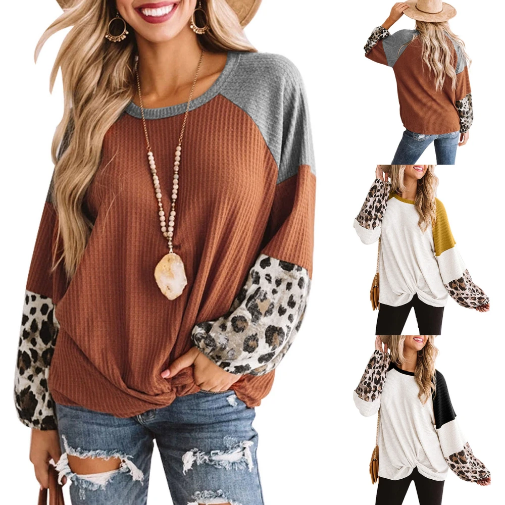 Women’s Leopard Stitching Round Neck Long Sleeve Knitted Shirt