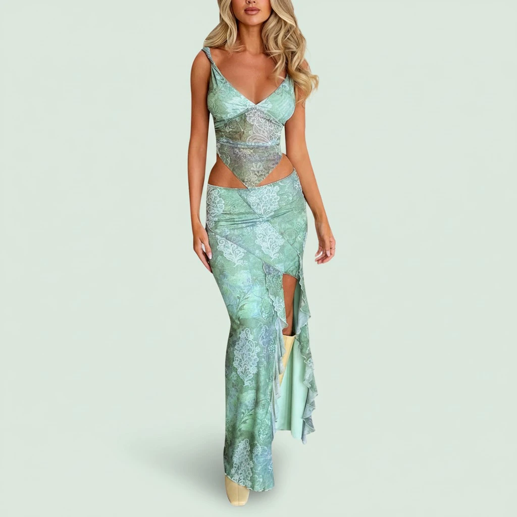 Women Off Shoulder Floral Vest + Summer Casual Long Skirt Outfit 