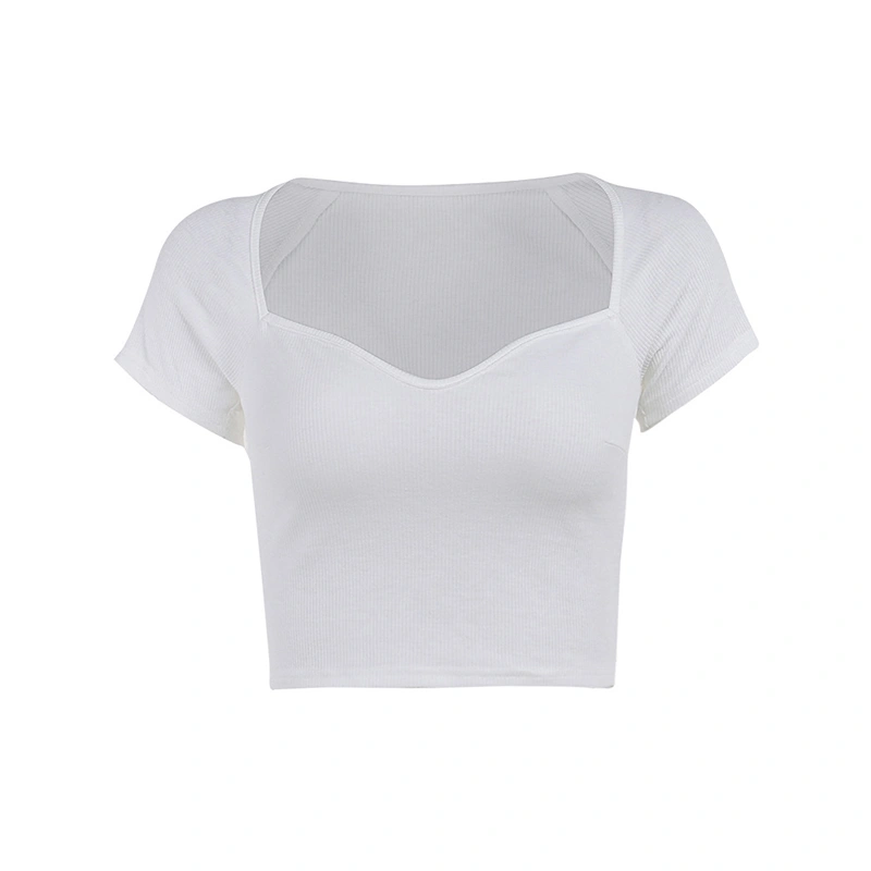 Women's Basic Crop Tops Short Sleeve Sweetheart Neck Slim Fit T-Shirts