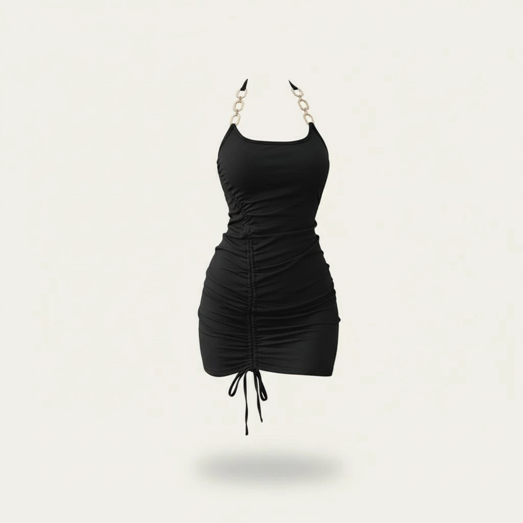 Women Bodycon Dress, Chain Halter Front Drawstring Ruched Hip Dress