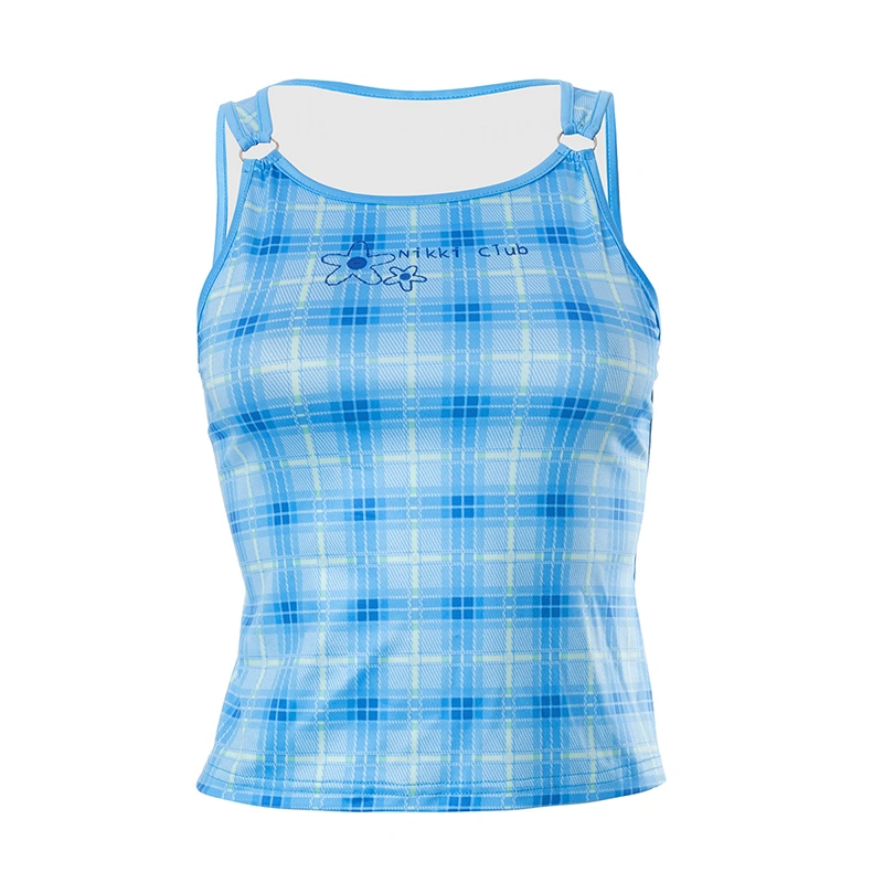 Women's Summer Tank Tops Sleeveless Metal Ring Front Plaid Crop Tops