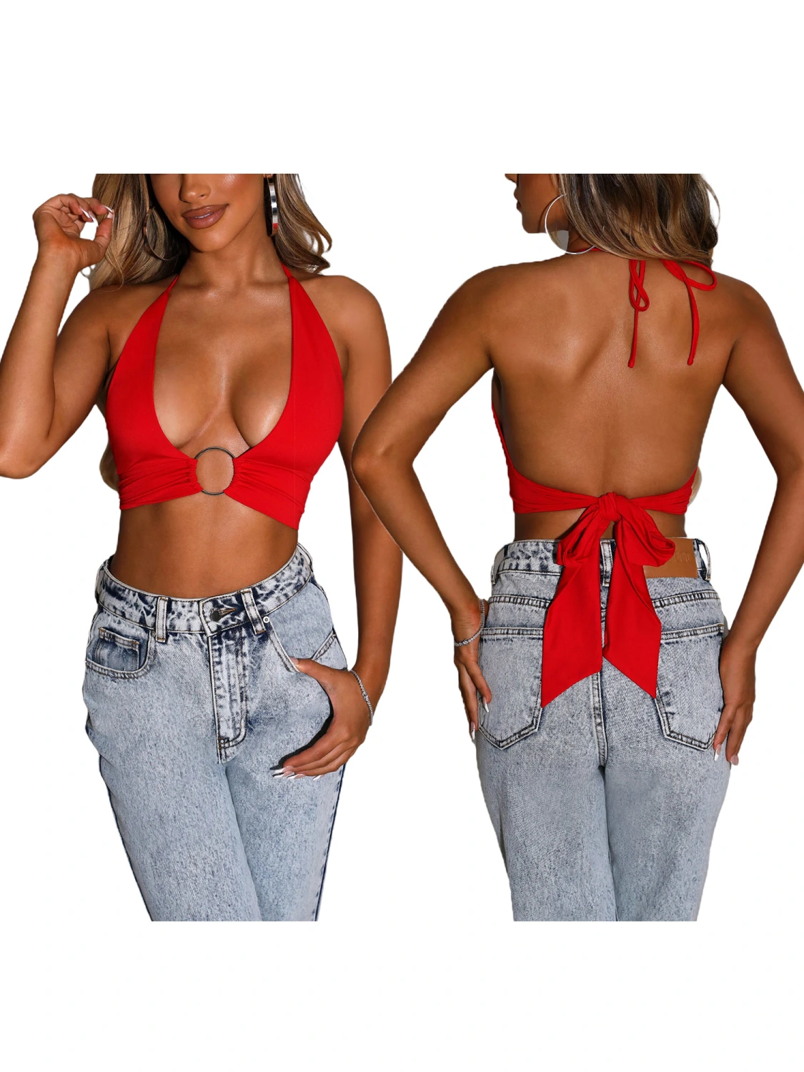 Women’s Solid Color Halter Lace-up V-neck Exposed Navel Camisole