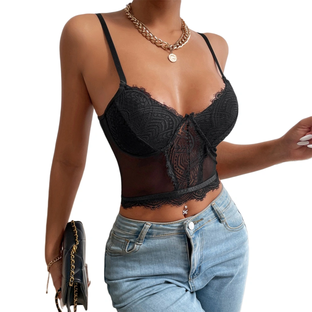 Women Lace Mesh Perspective Camisole Eyelashes V-Neck Tank Tops