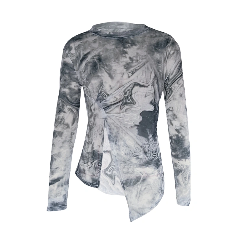 Women Long Sleeve Tops Ink Painting Print Casual Basic Irregular Shirt