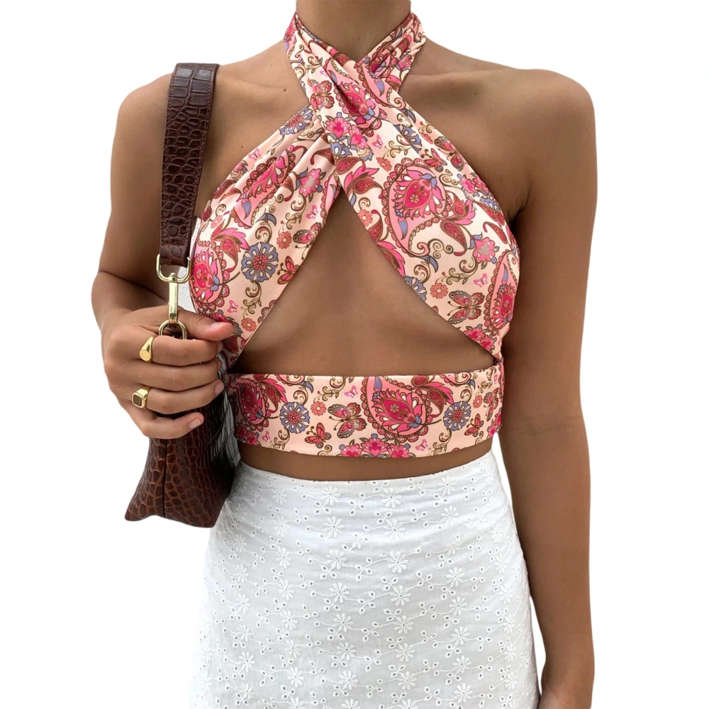 Women’s Printing Halter Bandage Hollow Exposed Navel Slim Fit Vest