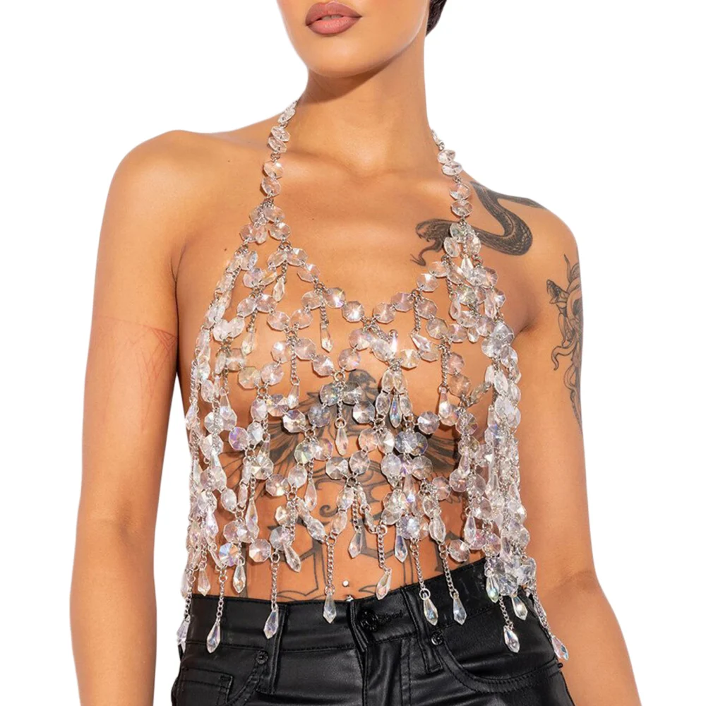 Women Rhinestone Vest, Sleeveless Halterneck Backless Body Jewelry