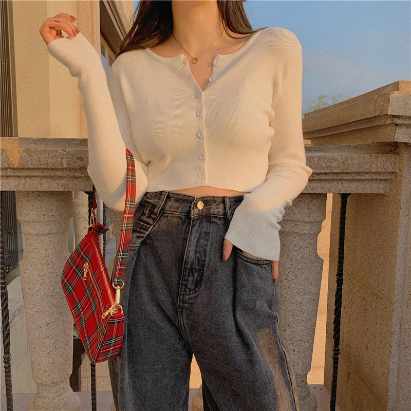 Women Button Down Crop Tops Long Sleeve Solid Color Ribbed Knit T-Shirts