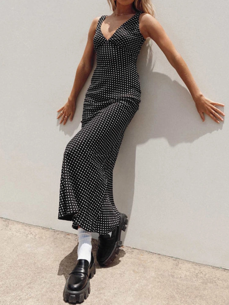 Women's Summer Slim Long Tank Dress, Dot Print V-Neck Bodycon Dress