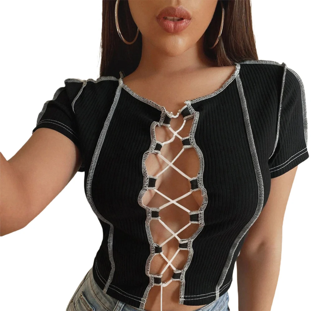 Women’s Reverse Line Bandage Exposed Navel Short Sleeve T-shirt