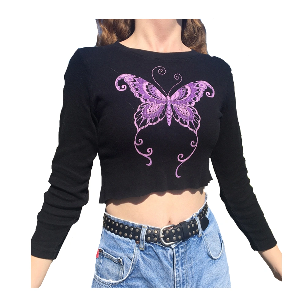 Women Crop Tops, Butterfly Print Long Sleeve Round Neck T-shirt