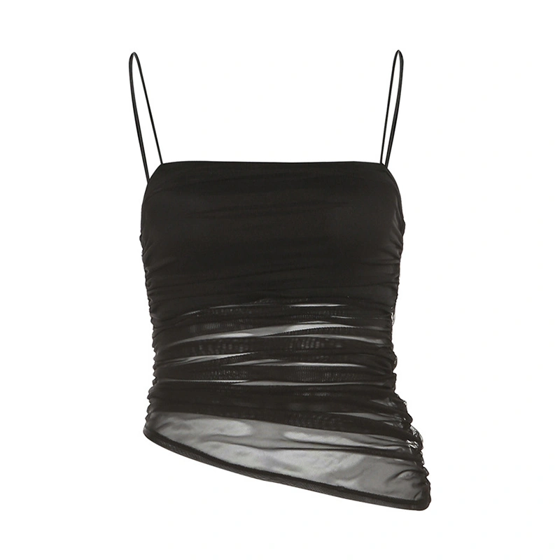 Women Asymmetrical Ruched Camisole Summer Sheer Basic Crop Tops