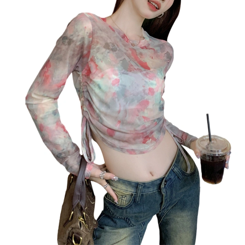 Women Crop Long Sleeve Tops Tie-Dye Print Sides Drawstring Mesh Shirt 