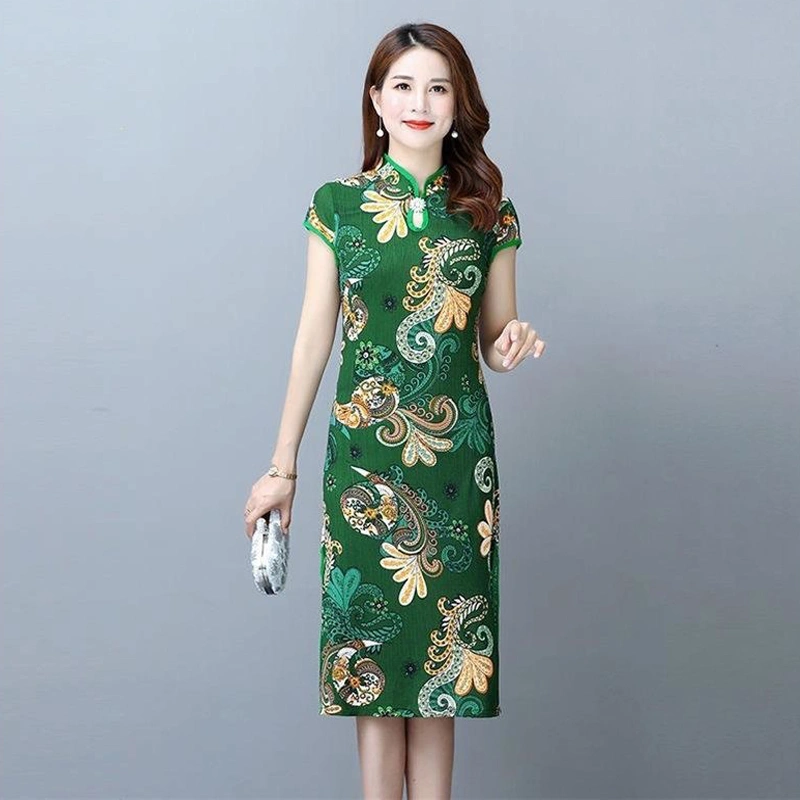 Women Midi Length Cheongsam, Vintage Pattern Side Splits Qipao Party Dresses