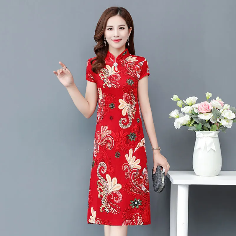 Women Midi Length Cheongsam, Vintage Pattern Side Splits Qipao Party Dresses