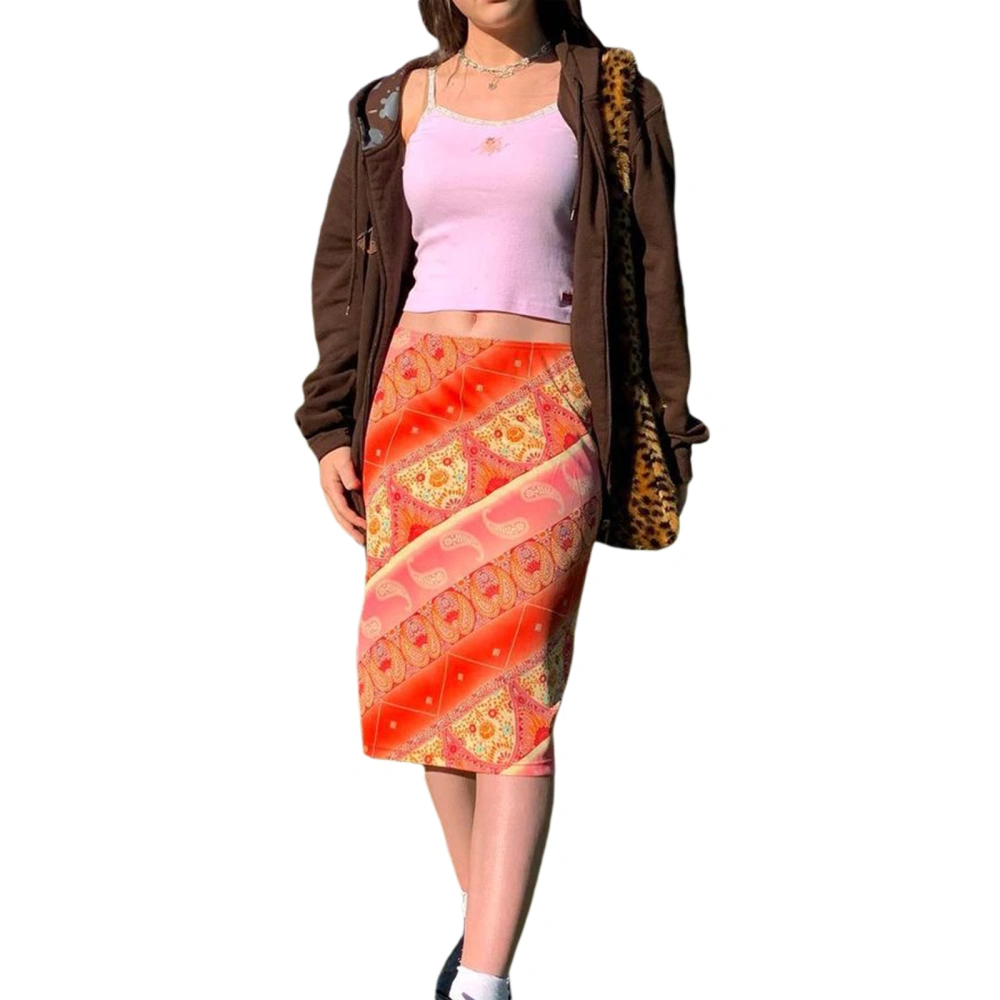 Women Middle Waist Midi Skirt, Digital Print Slim Fit A-line Skirts