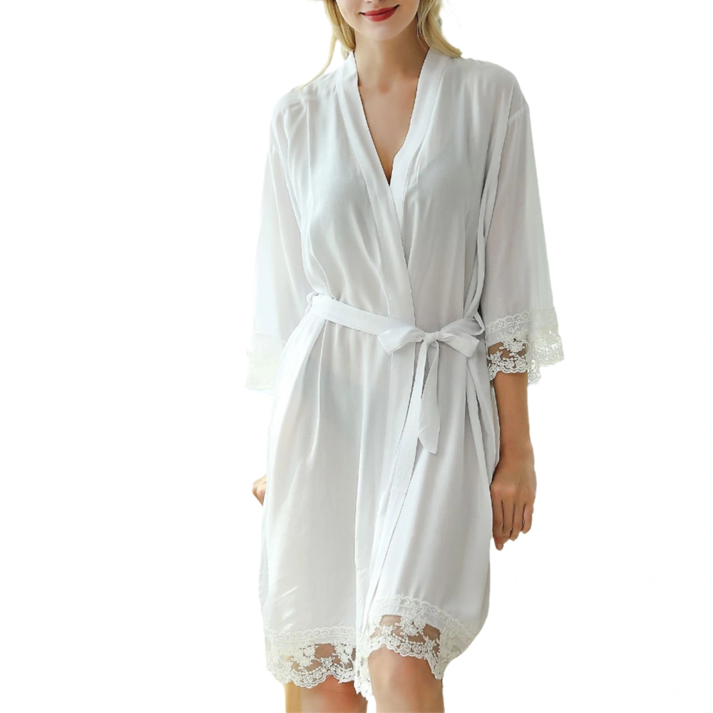 Women Silk Kimono Robes Lace Trim Short Satin Bride Robe with Belt