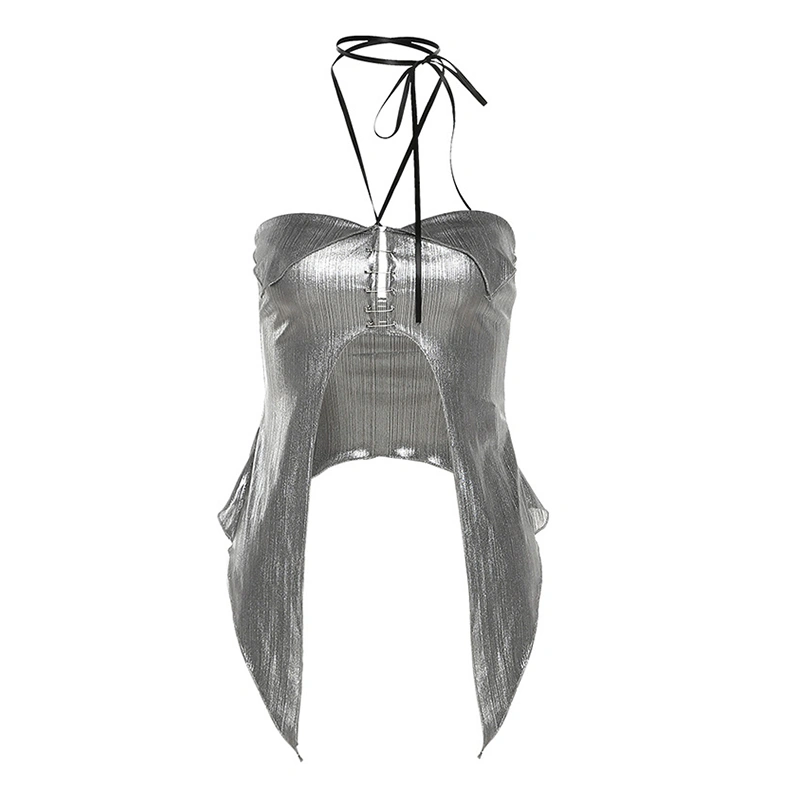 Women's Silver Sleeveless Backless Hanging Neck Irregular Camisole