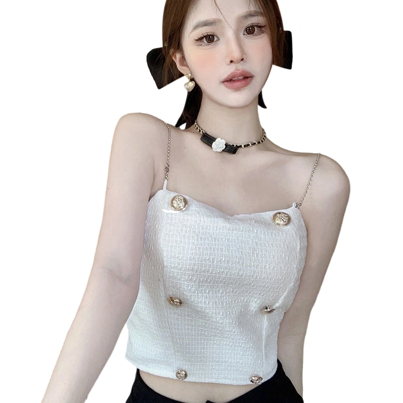 Women's Crop Cami Tops, Metal Chain Strap Button Front Camisole