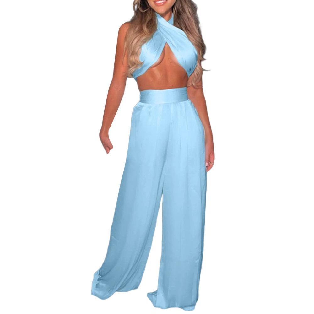 Women’s Solid Color Backless Bandage Tops and Wide Leg Pants Set