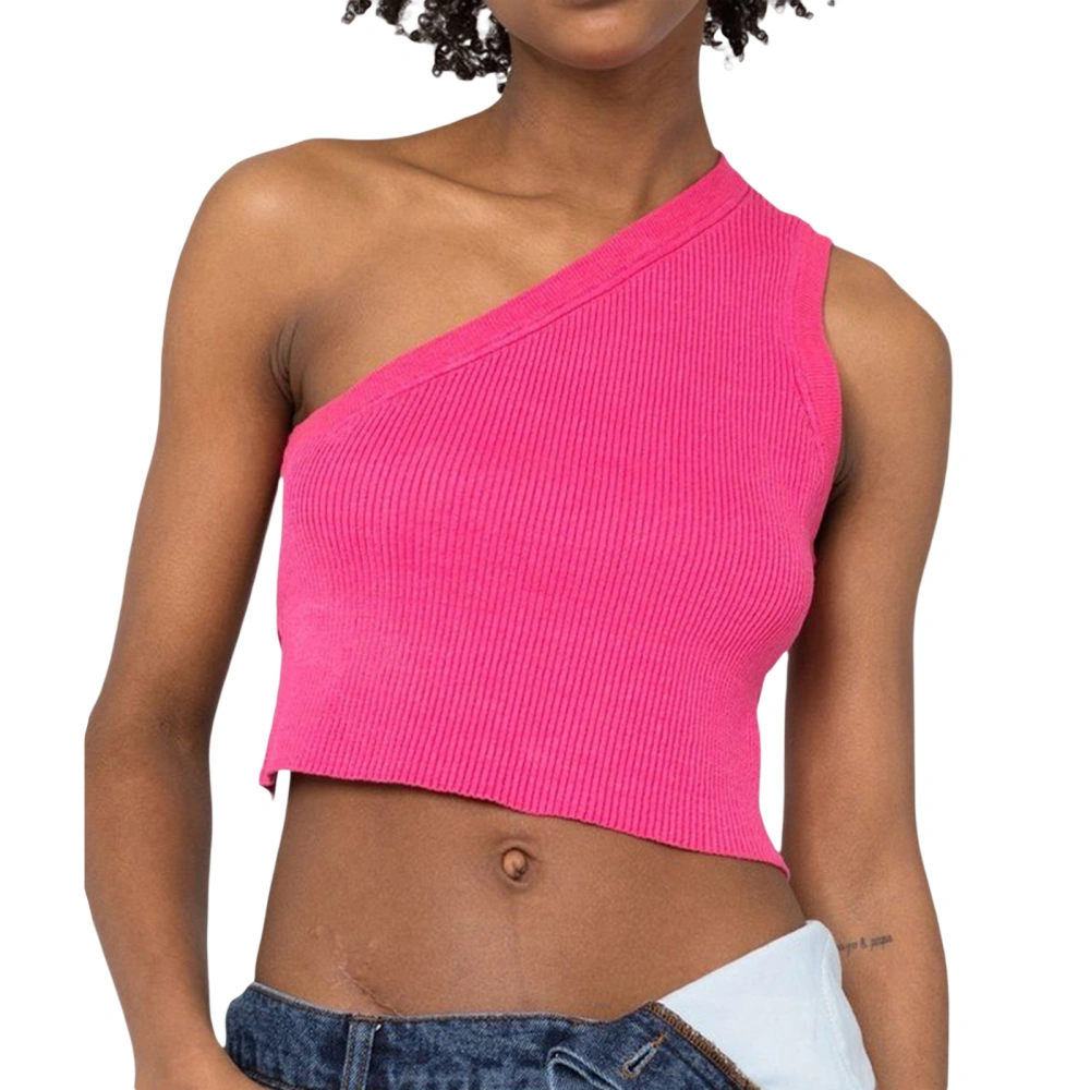 Female Solid Color One Shoulder Knitted Vest Backless Crop Tops