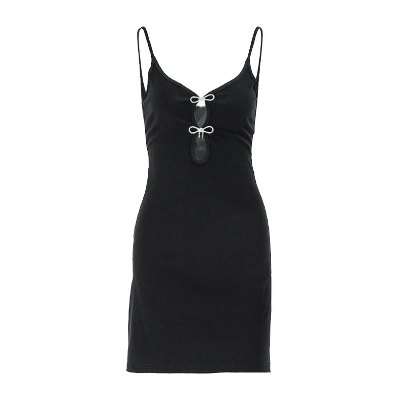 Women's Black Sleeveless Backless Deep V Neck Bowknot Sling Dress