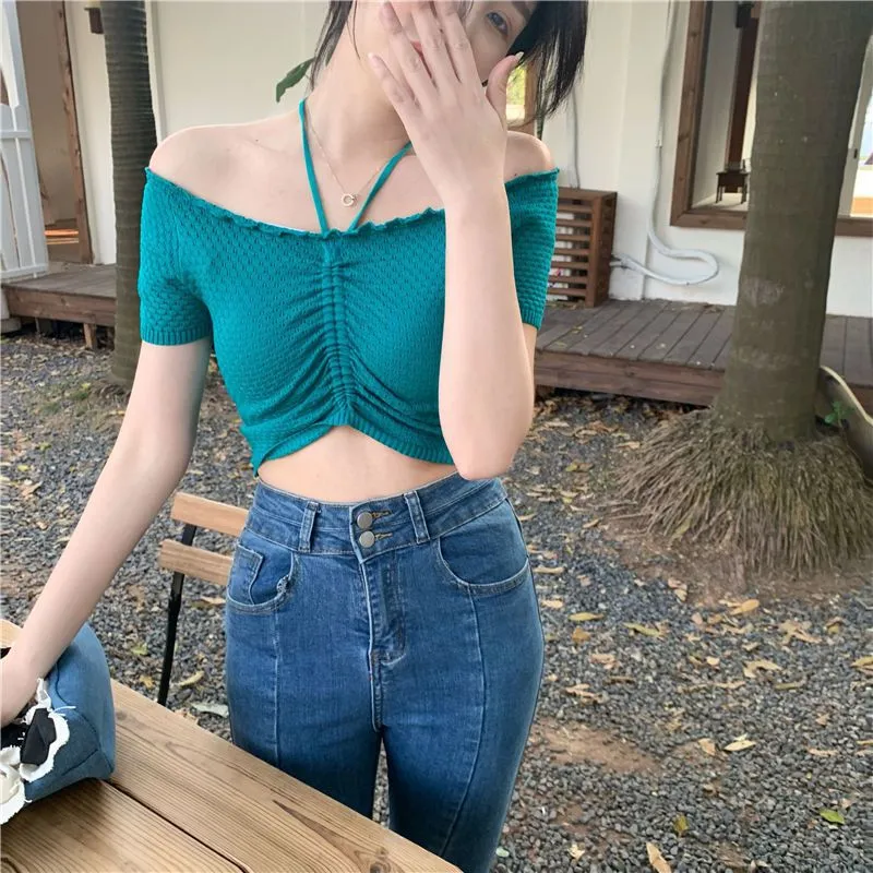 Women Short Sleeve Crop Tops Solid Color Summer Off Shoulder T-Shirts