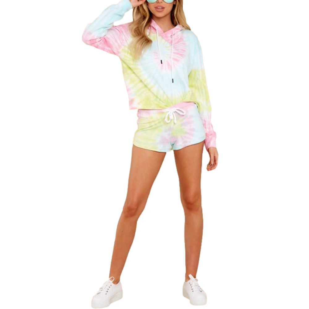 2Pcs Women Tracksuit, Tie-Dye Hooded Sweatshirt + Elastic Waist Shorts