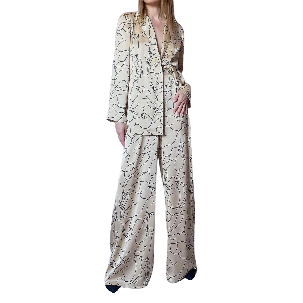 Women Pajama Set, Abstract Print Long Sleeve Button Closure Tops Pants