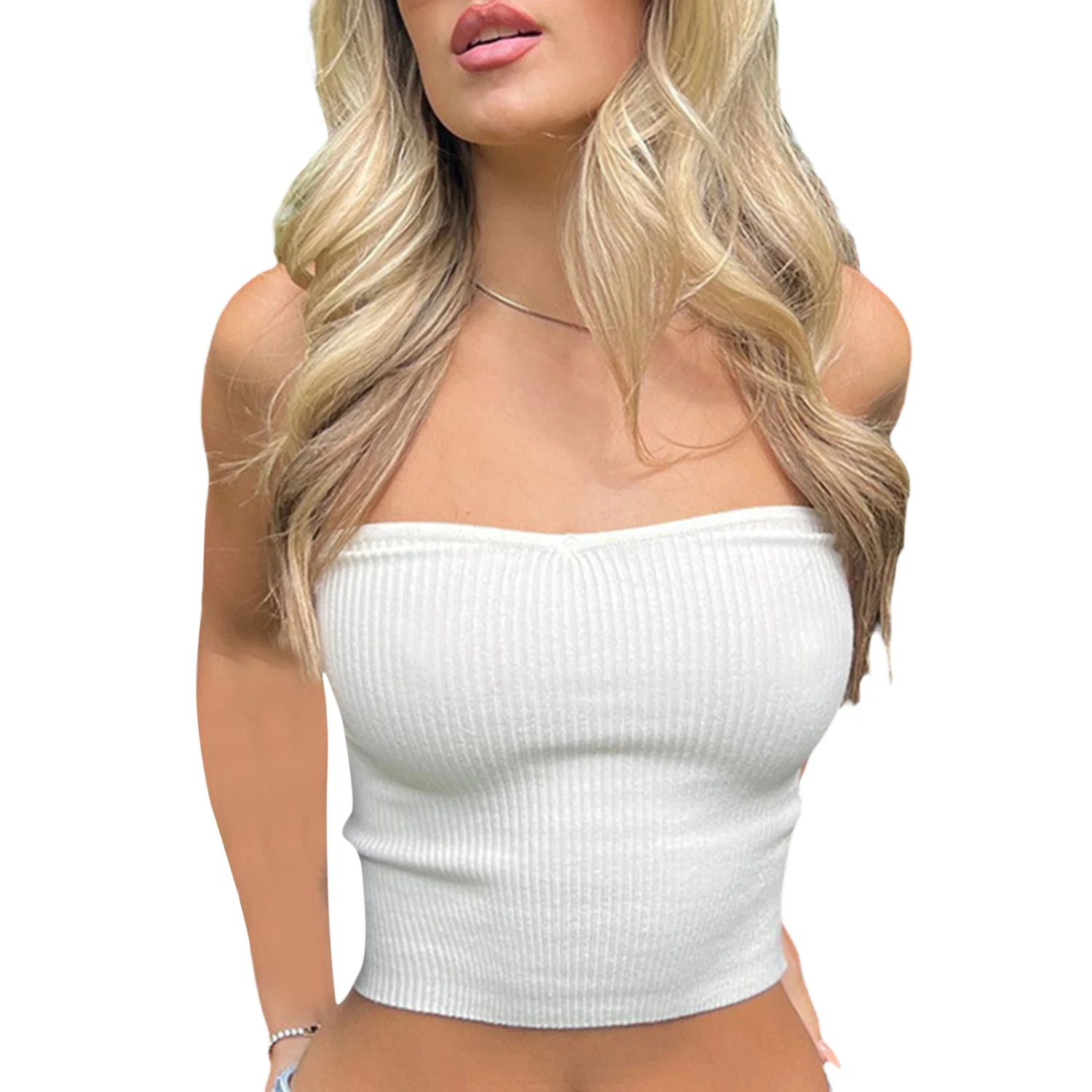 Women's Bandeau Crop Tops, Strapless Solid Color Ribbed Tube Tops