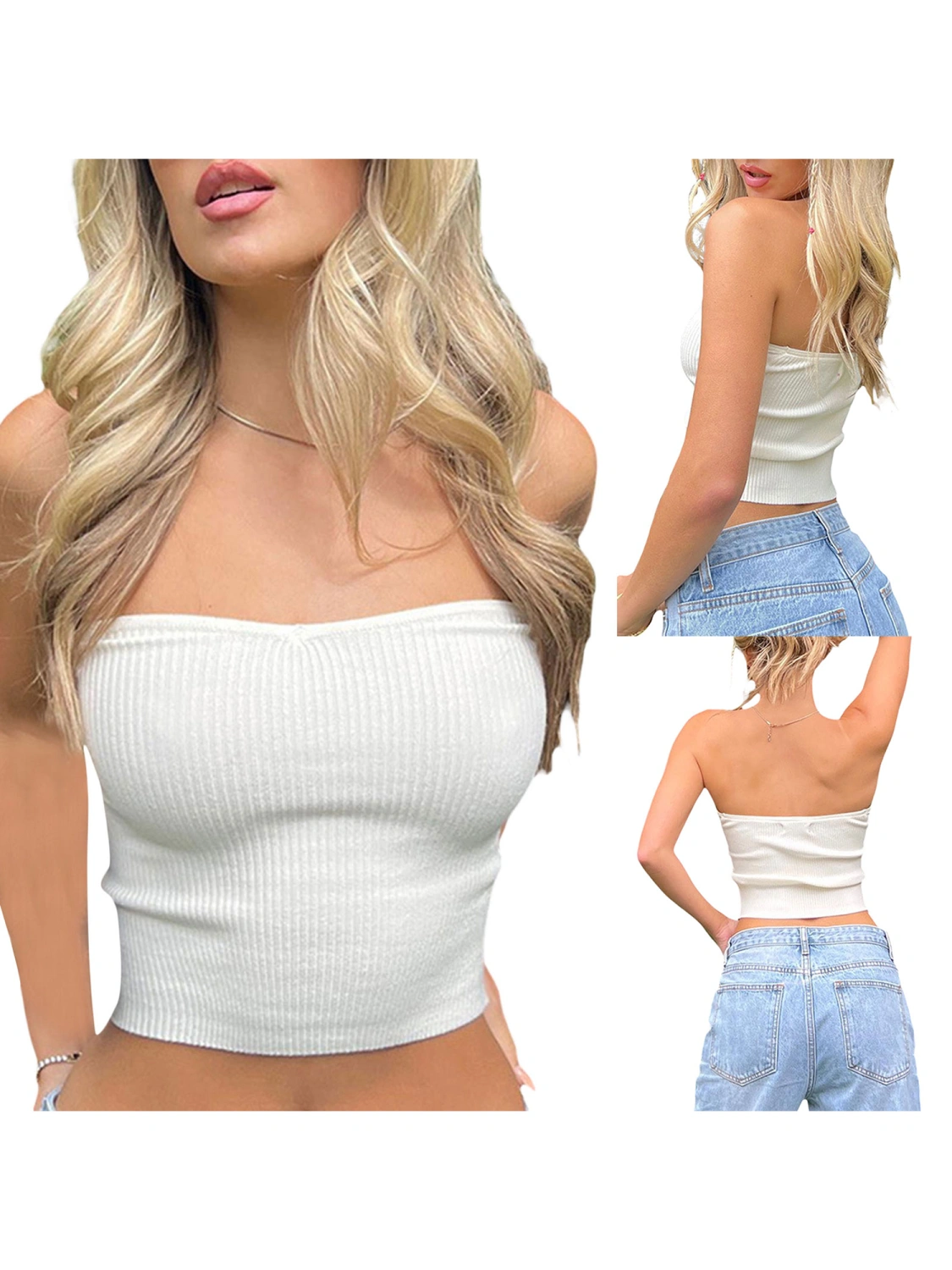 Women's Bandeau Crop Tops, Strapless Solid Color Ribbed Tube Tops
