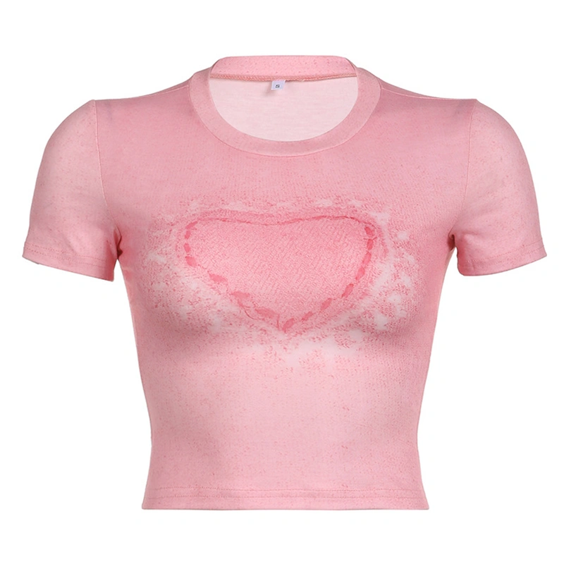 Women's Cropped Tops Cute Heart Print Short Sleeve Slim Fit Baby Tees